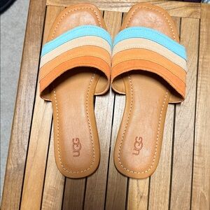 NWOT-UGG Tan Slide Sandals with Blue and Orange Straps